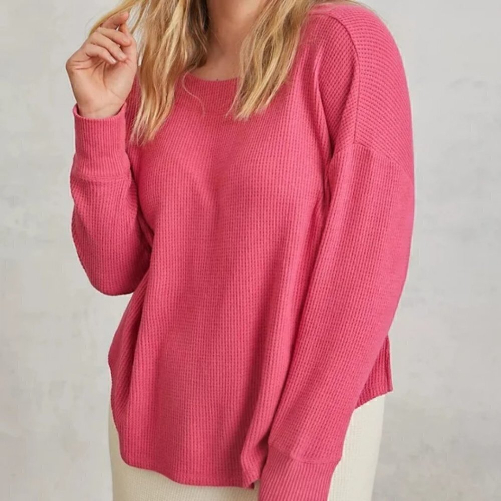 Saturday Sunday Anthropologie Dark Pink Waffle Knit Thermal Top, Size XS